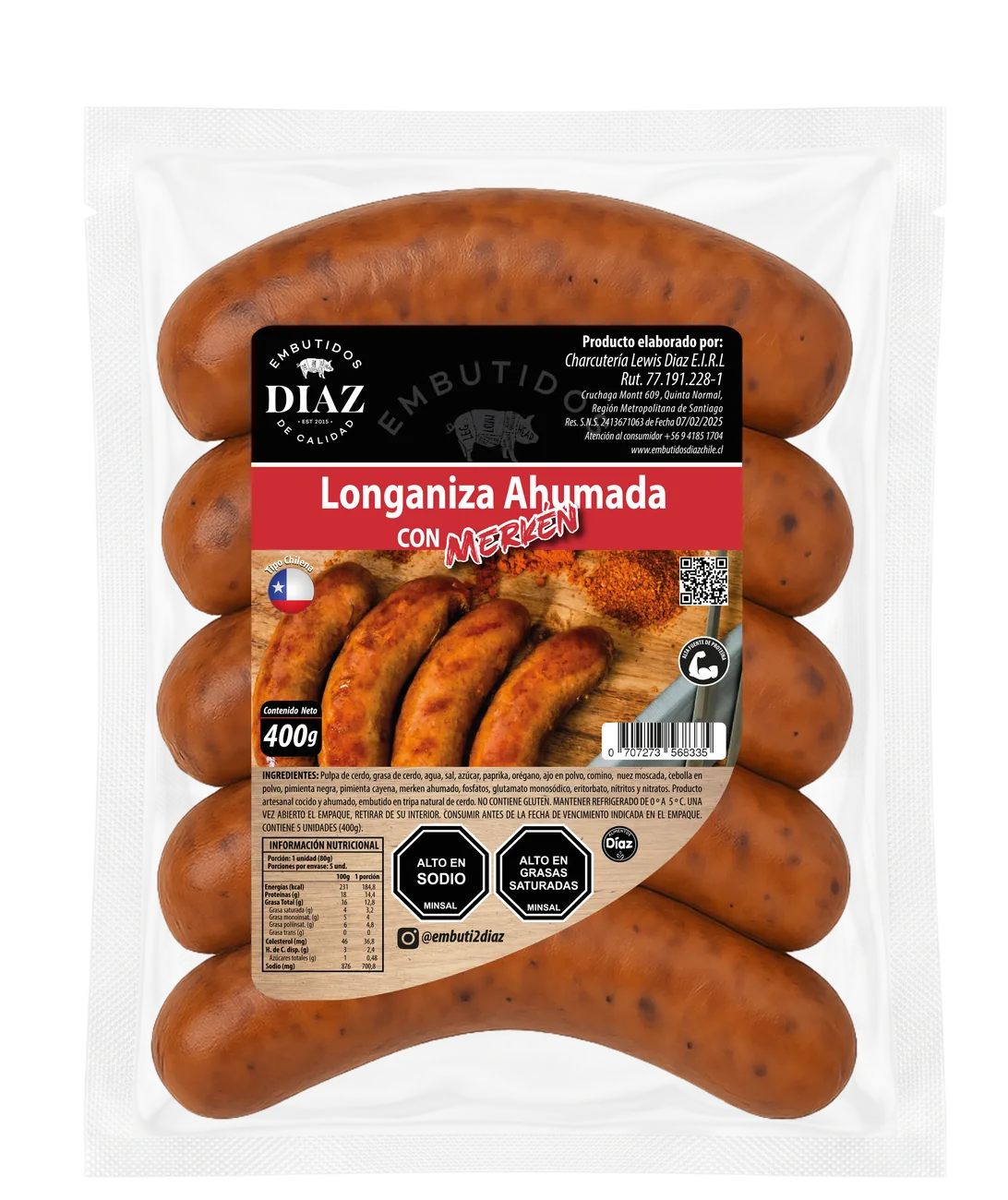 Longaniza ahumada con merkén Embutidos Díaz
